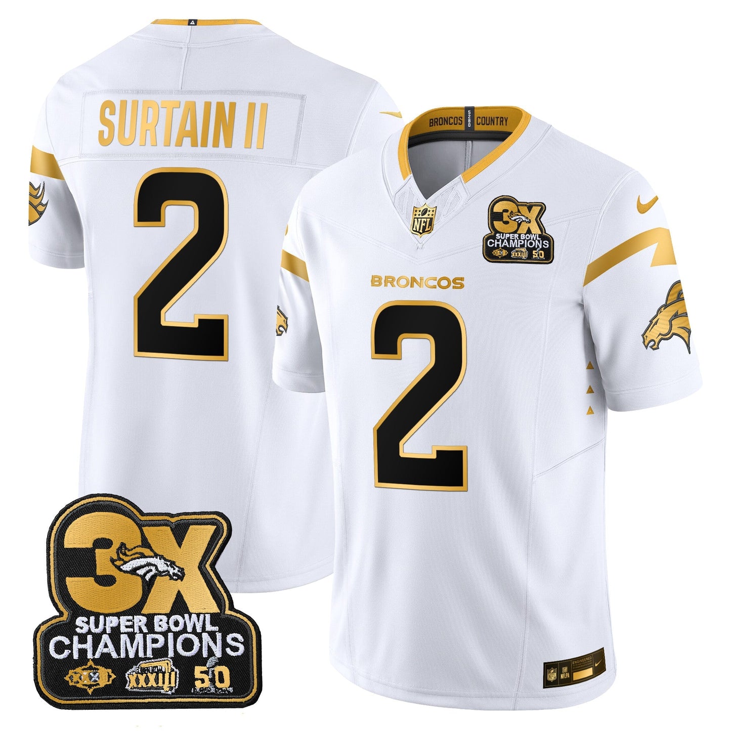 DEN 3-Time Champions Patch Gold Vapor Limited Jersey - All Stitched