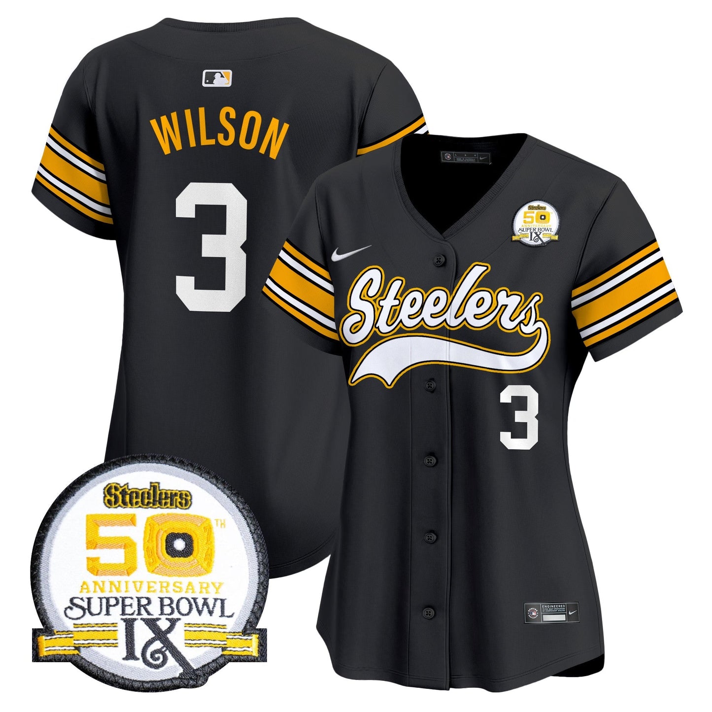 Women's Steelers 50th Anniversary Of Super Bowl IX Patch Vapor Premier Baseball Jersey - All Stitched