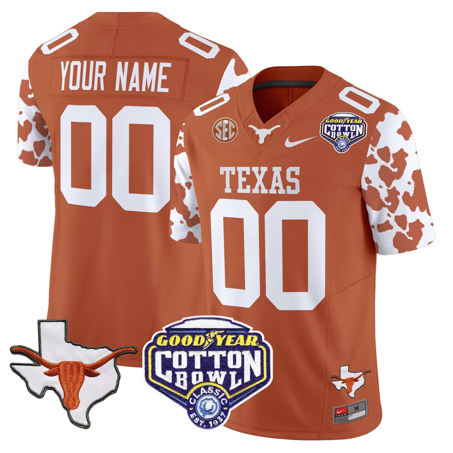 TEX Cow Spots Cotton Bowl Patch Vapor Limited Custom Jersey - All Stitched