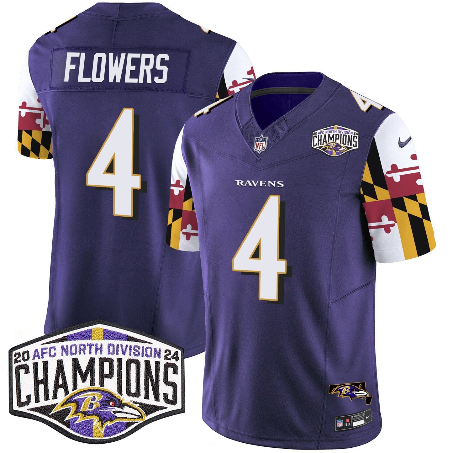 Ravens Maryland Flag 2024 AFC North Division Champions Patch Vapor Limited Jersey - All Stitched