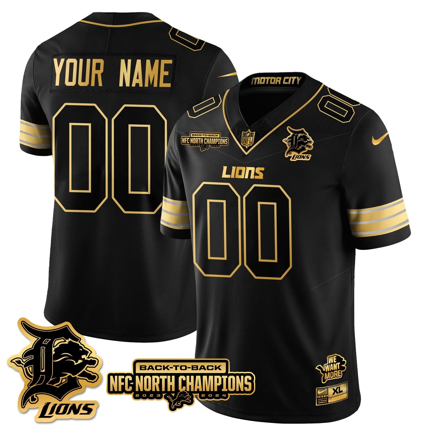 Custom Gender/Name DET 2024 NFC North Champions Gold Jersey N3 - All Stitched