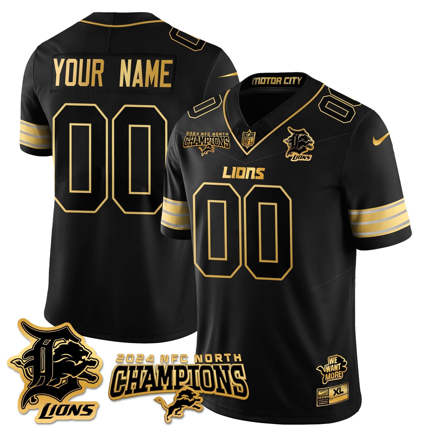 Custom Gender/Name DET 2024 NFC North Champions Gold Jersey N1 - All Stitched