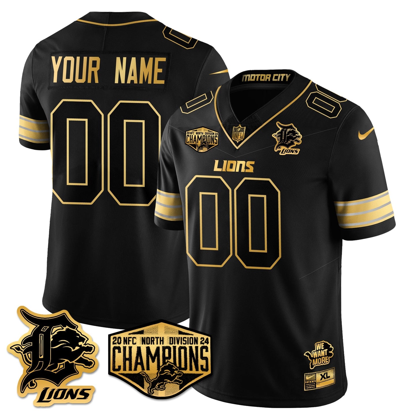 Custom Gender/Name DET 2024 NFC North Champions Gold Jersey - All Stitched