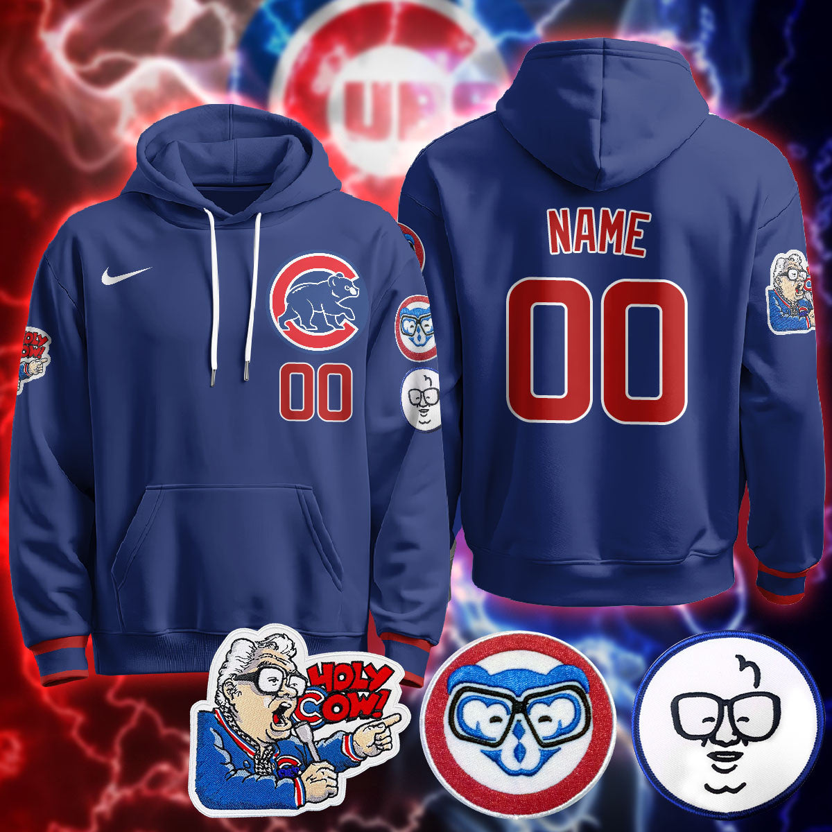 Custom Name Chicago Cubs Limited Hoodie - Harry Caray "Holy Cow" Patch - All Stitched