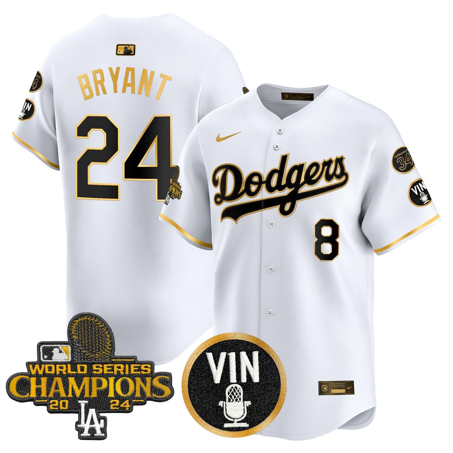Men's Dodgers 2025 Vin Scully & #34 Fernando Patch Gold Vapor Premier Limited Jersey - All Stitched
