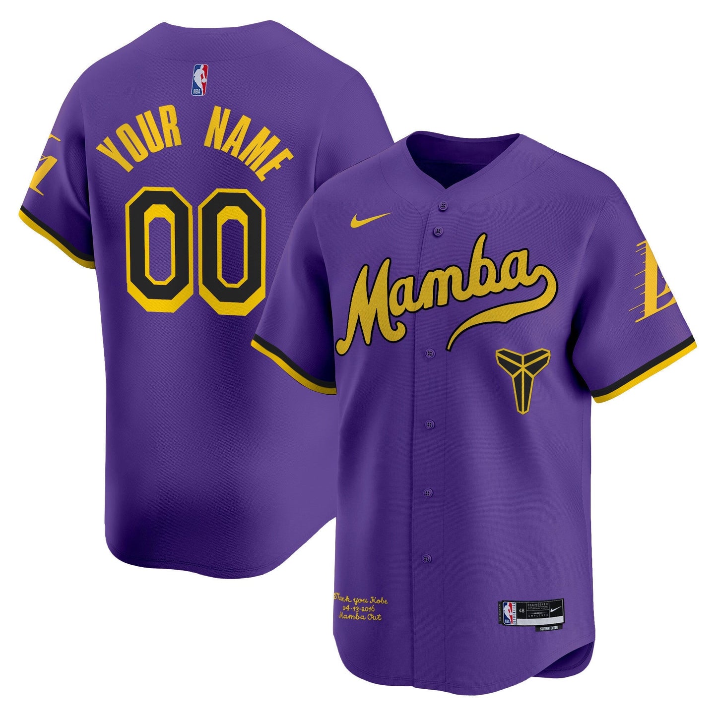 Los Angeles Lakers Kobe Bryant Mamba Vapor Baseball Custom Jersey - All Stitched