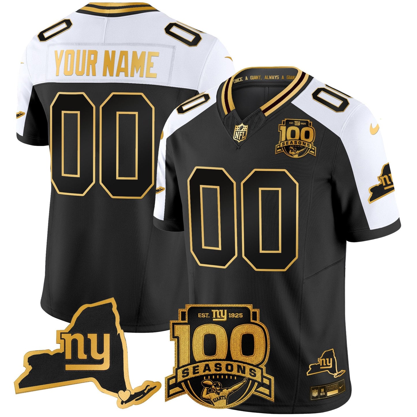 New York Giants 100th Season & State Patch Gold Vapor Limited Custom Jersey - All Stitched