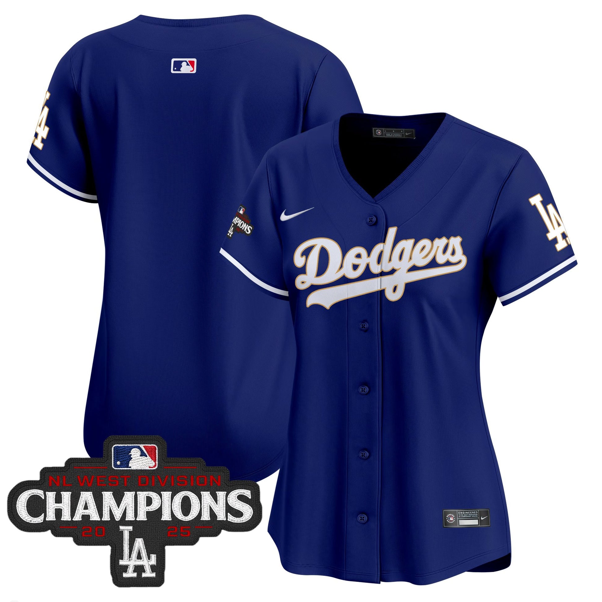 Women's Dodgers 2025 NL West Division Champions Patch Gold Trim Vapor Premier Limited Jersey - All Stitched