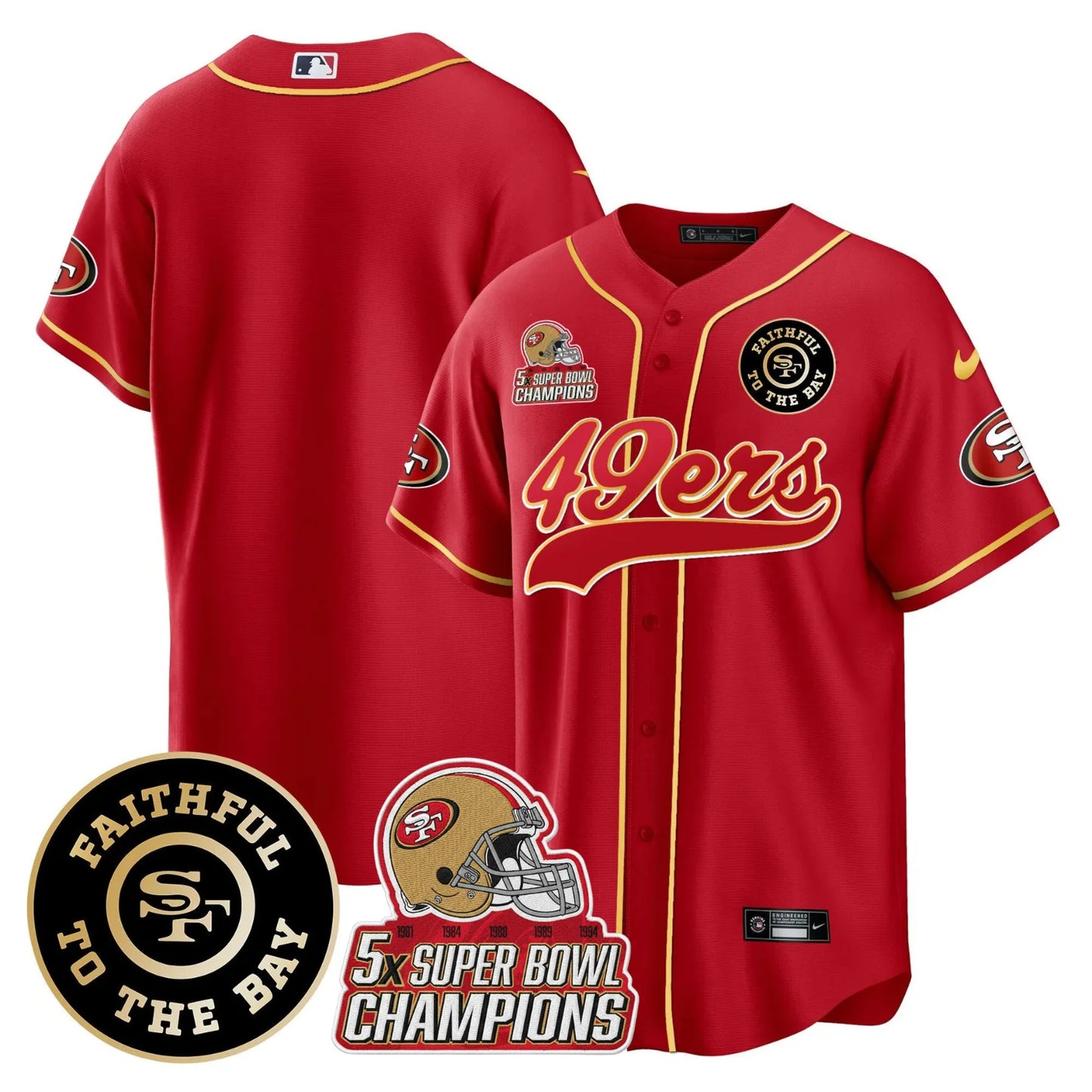 49ers Faithful To The Bay & 5x Champions Patch Baseball Jersey - All Stitched