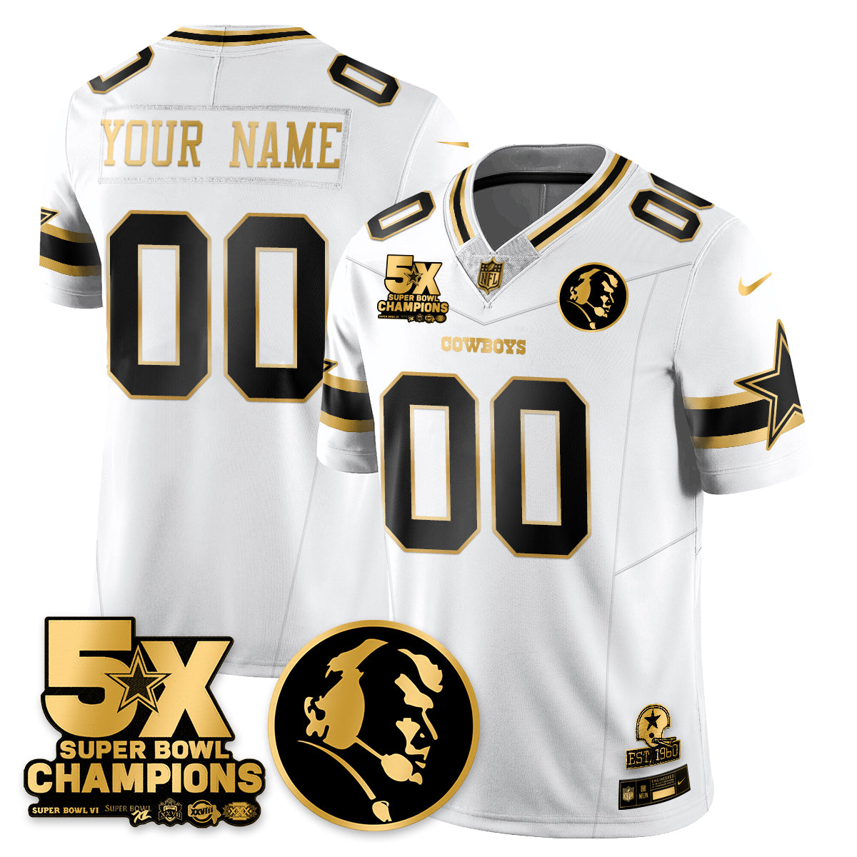 DAL 5-Time Champions Vapor Limited Gold Custom Jersey - John Madden Patch - All Stitched