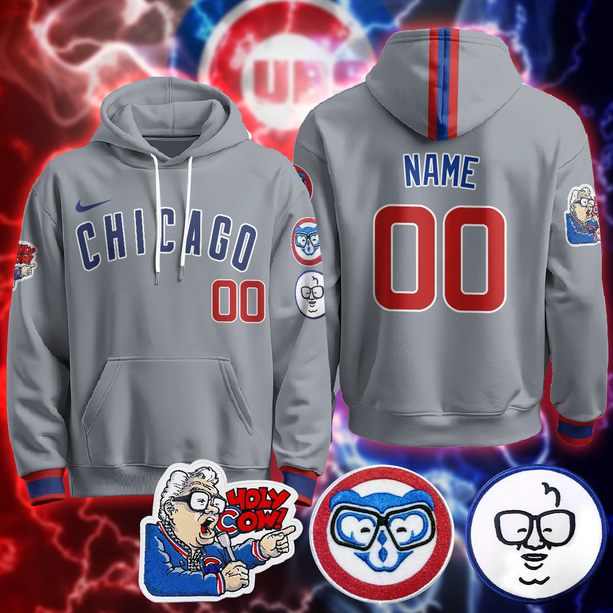 Chicago Cubs Custom Hoodie - Harry Caray "Holy Cow" Patch - All Stitched