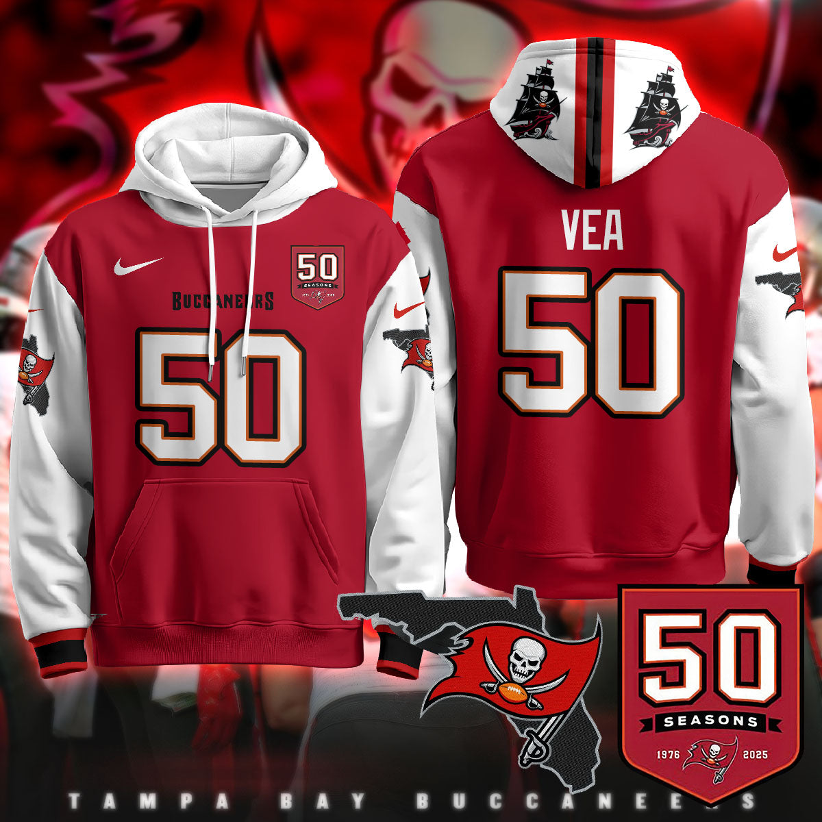 Tampa Bay Buccaneers Creamsicle Throwback Hoodie - 50th Season Patch - All Stitched