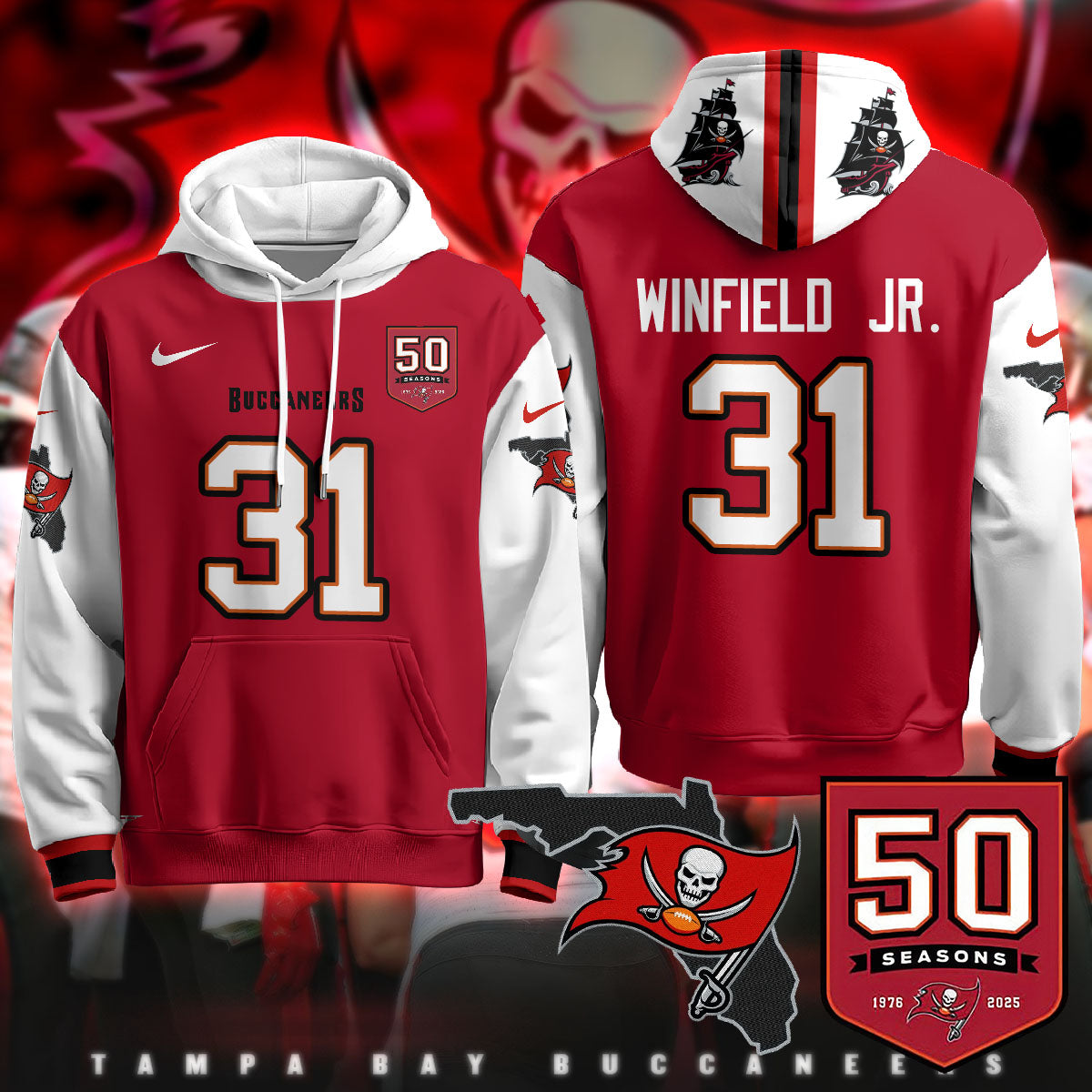 Tampa Bay Buccaneers Creamsicle Throwback Hoodie - 50th Season Patch - All Stitched