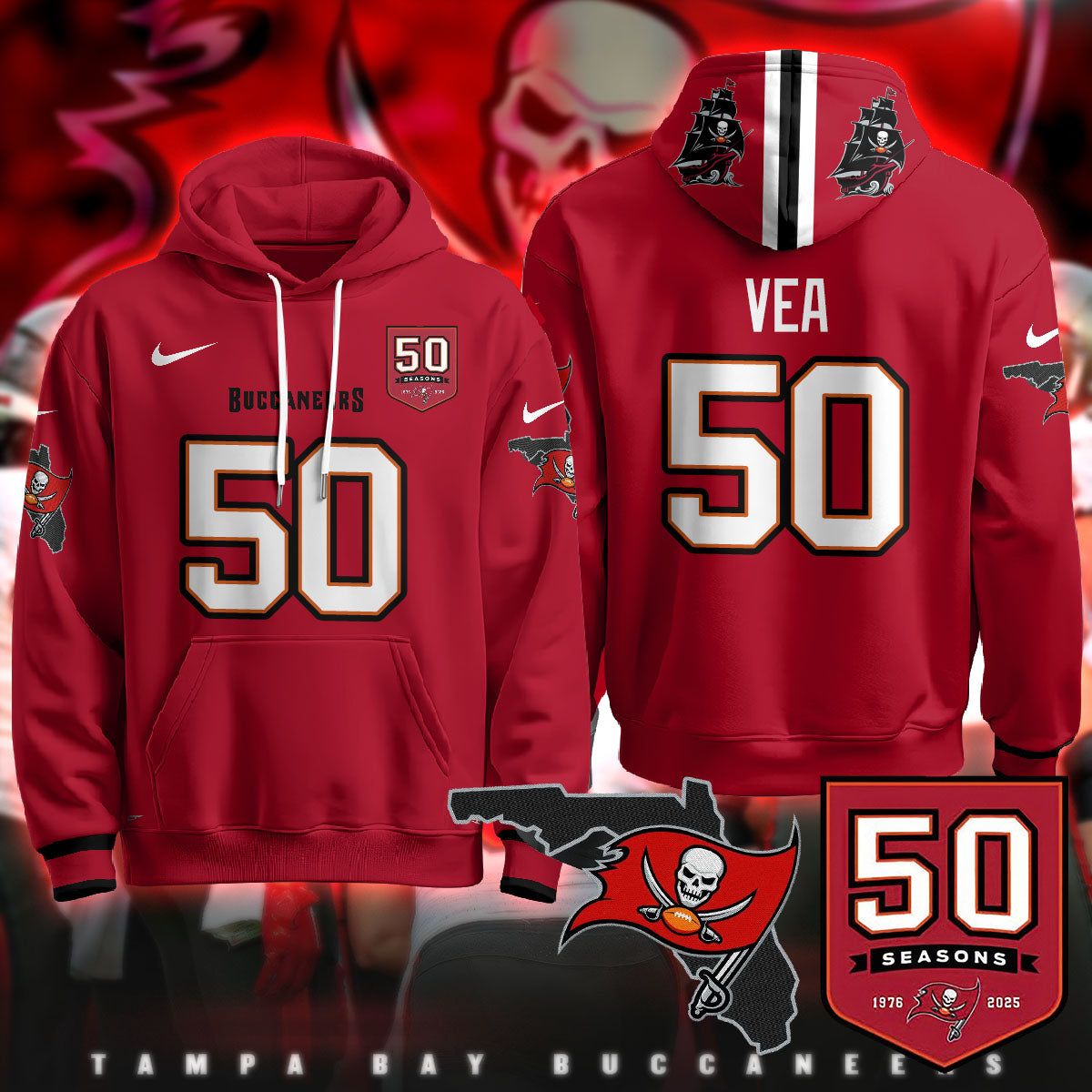 Tampa Bay Buccaneers Creamsicle Throwback Hoodie - 50th Season Patch - All Stitched