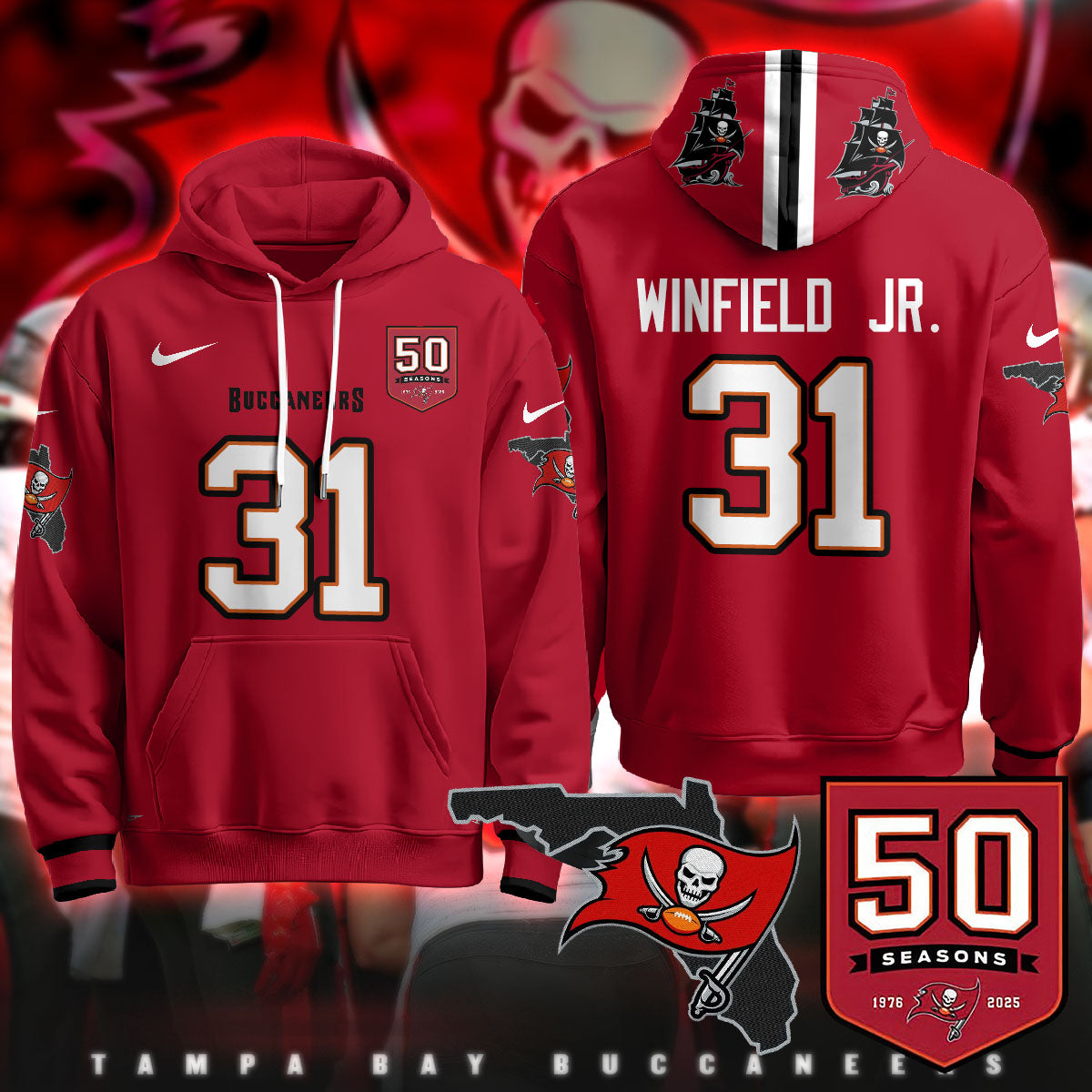 Tampa Bay Buccaneers Creamsicle Throwback Hoodie - 50th Season Patch - All Stitched