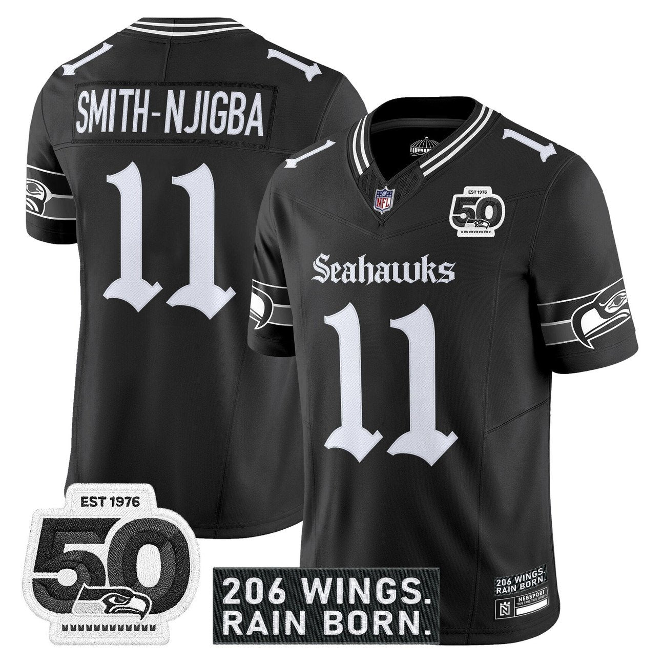 Seattle Seahawks 'Gothic Rain City Shadows Edition' Vapor Jersey - 50th Anniversary Patch - All Stitched