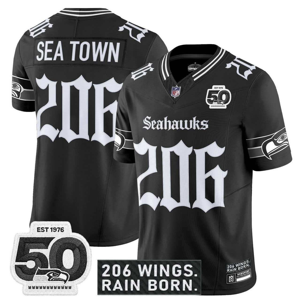 Seattle Seahawks 'Gothic Rain City Shadows Edition' Vapor Jersey - 50th Anniversary Patch - All Stitched