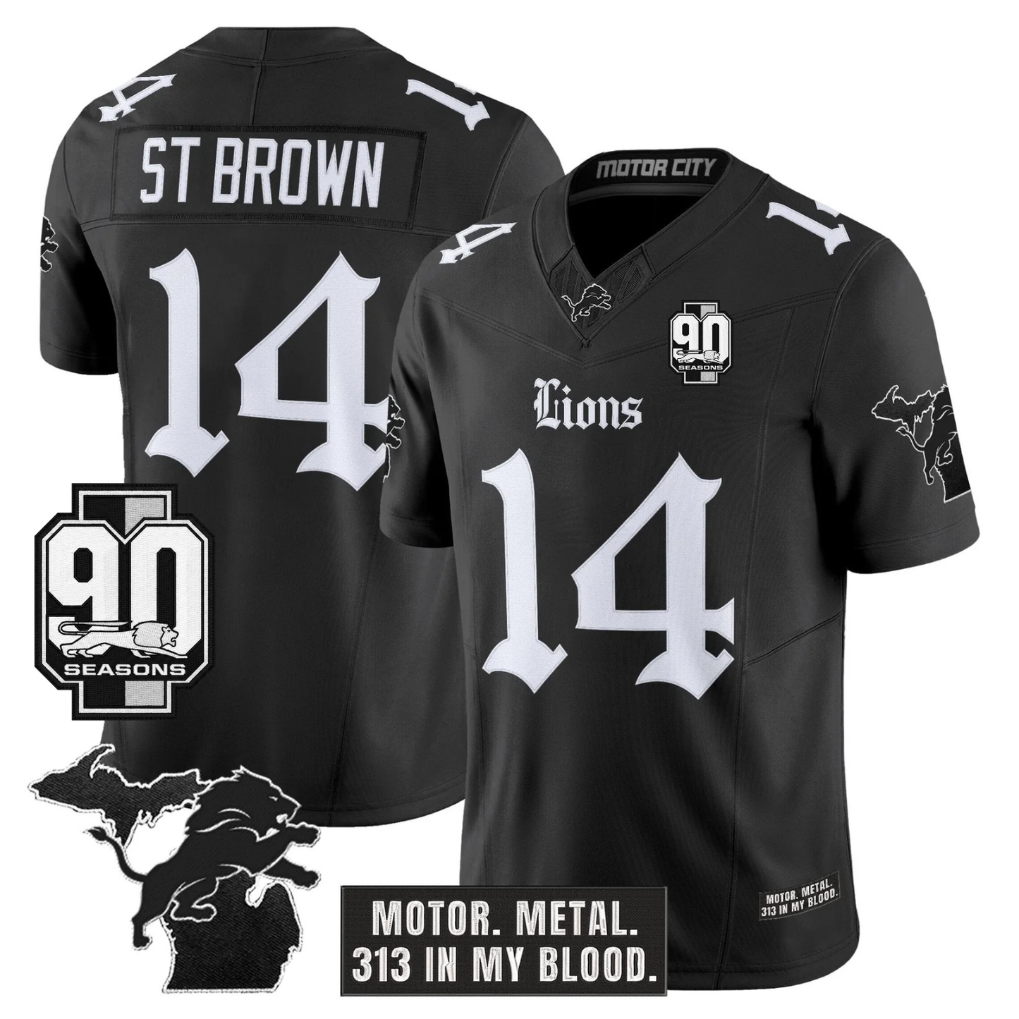 DET 'Gothic Motor Grit Edition' 90th Season Patch Vapor Limited Jersey - All Stitched