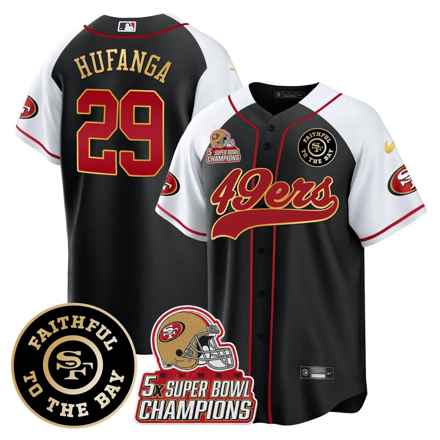 49ers Faithful To The Bay & 5x Champions Patch Baseball Jersey - All Stitched