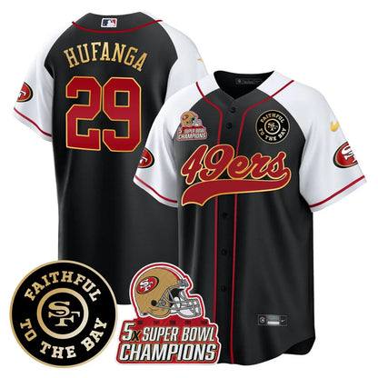 49ers Faithful To The Bay & 5x Champions Patch Baseball Jersey - All Stitched