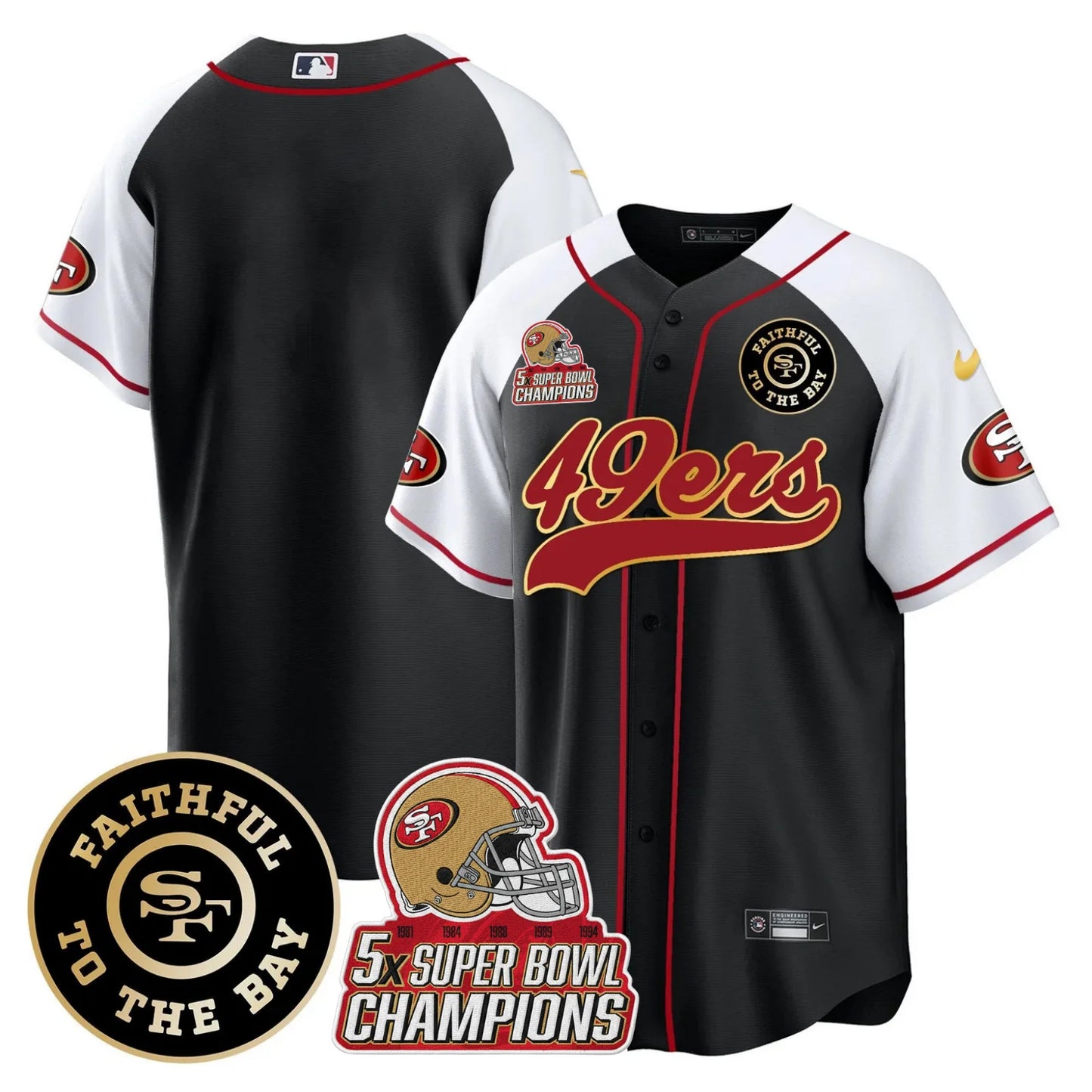 49ers Faithful To The Bay & 5x Champions Patch Baseball Jersey - All Stitched