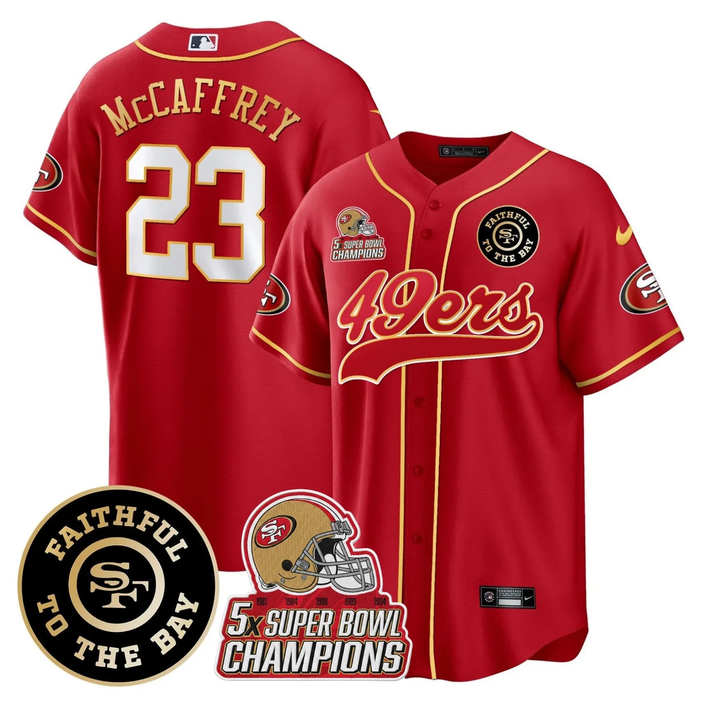 49ers Faithful To The Bay & 5x Champions Patch Baseball Jersey - All Stitched
