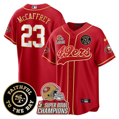 49ers Faithful To The Bay & 5x Champions Patch Baseball Jersey - All Stitched