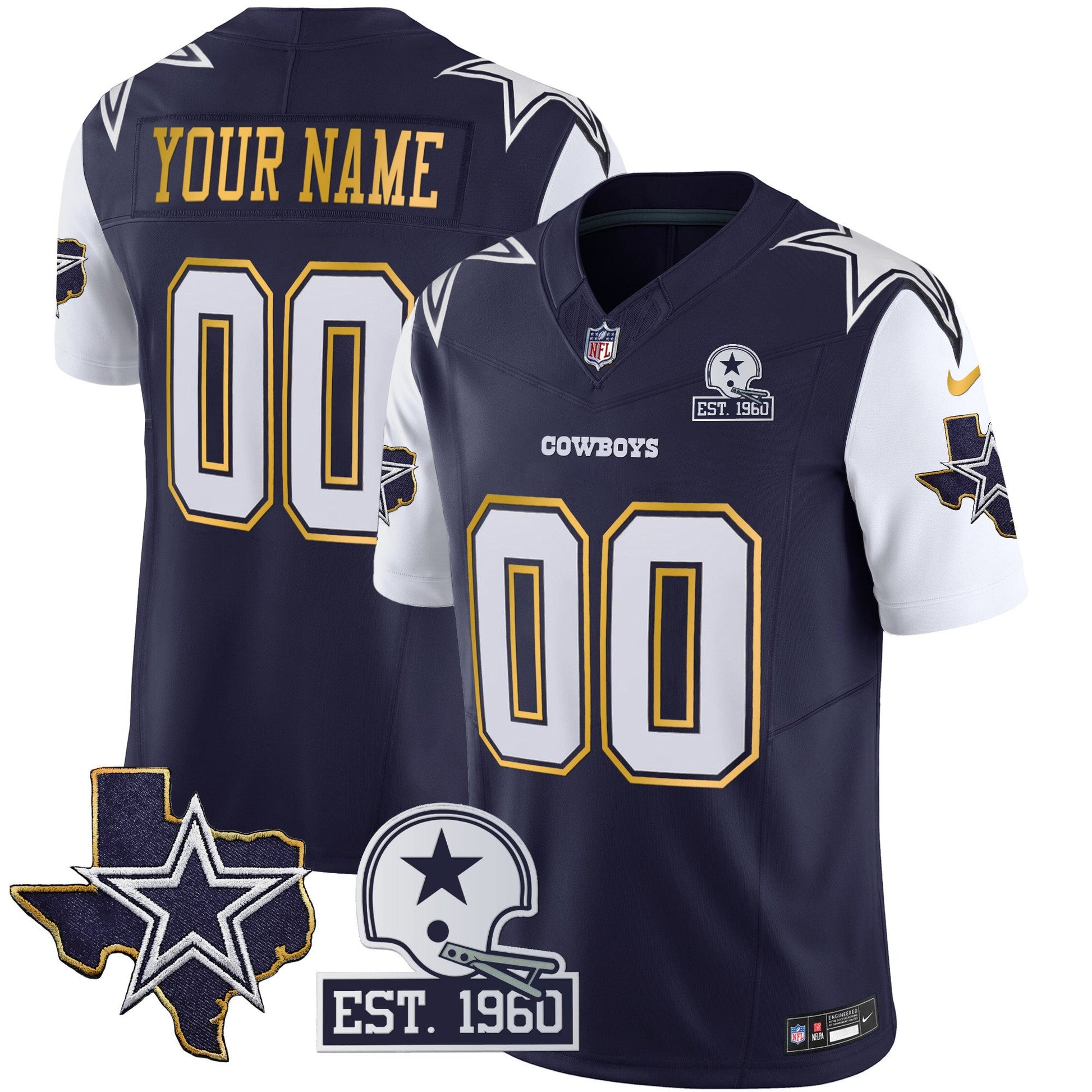 Cowboys Texas Patch Gold Trim Vapor Custom Jersey - All Stitched