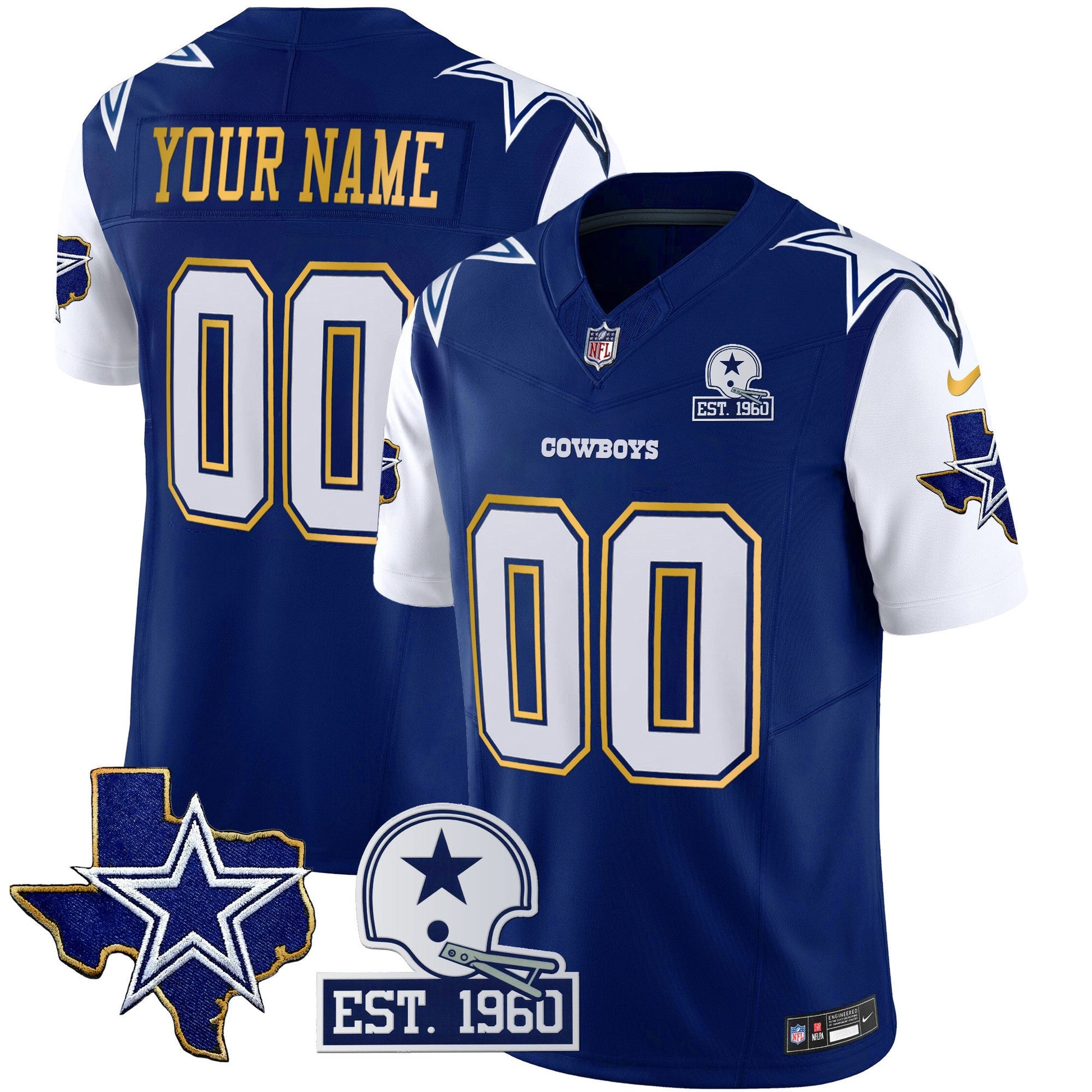 Cowboys Texas Patch Gold Trim Vapor Custom Jersey - All Stitched