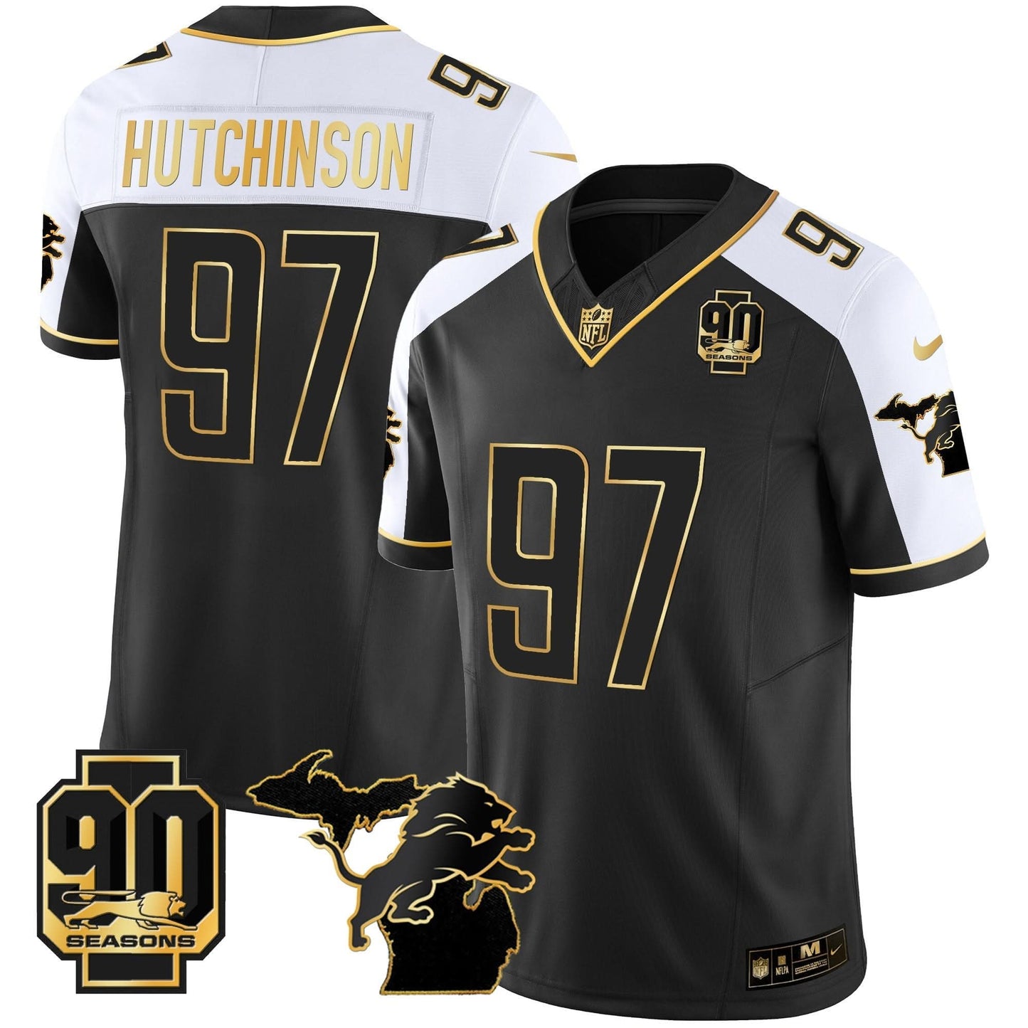 DET 90th Year & Michigan Patch Gold Vapor Jersey - All Stitched