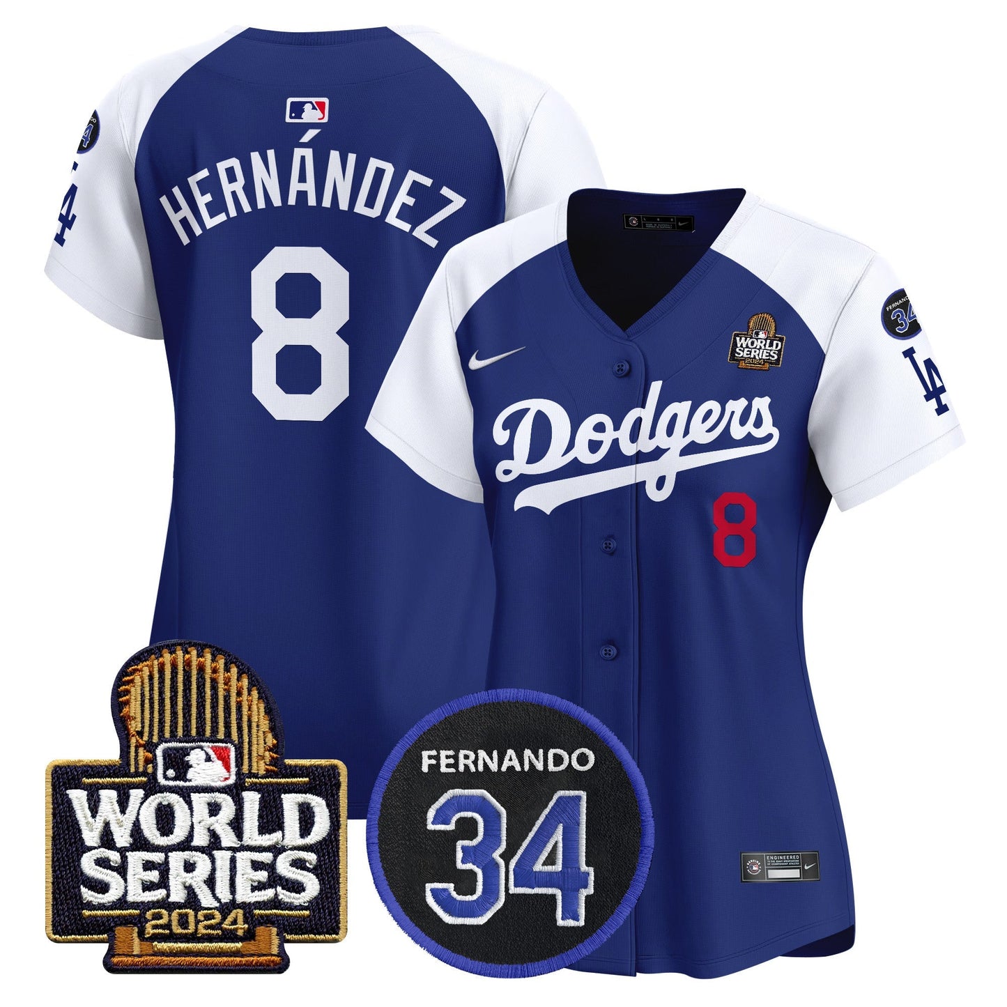 Women's Dodgers Fernando Memorial & 2024 World Series Patch Vapor Premier Limited Jersey V2 - All Stitched