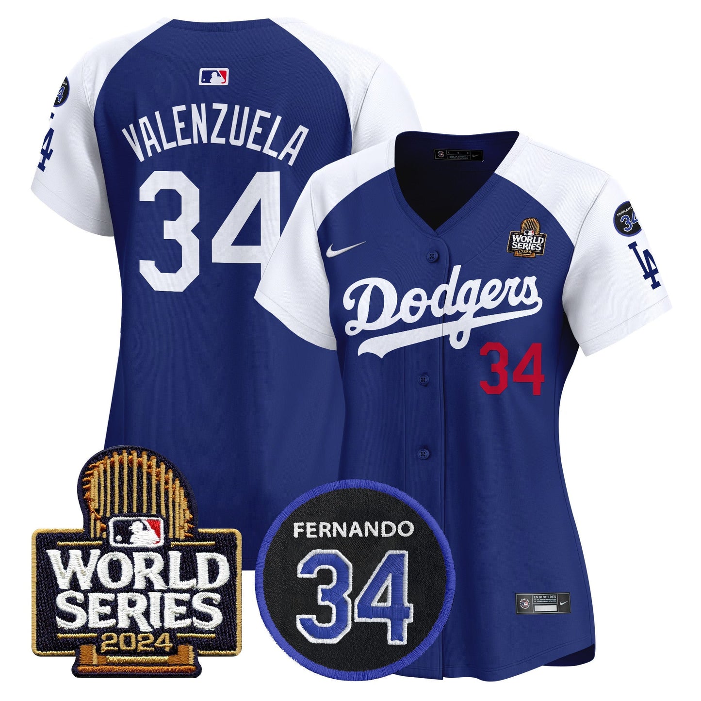 Women's Dodgers Fernando Memorial & 2024 World Series Patch Vapor Premier Limited Jersey V2 - All Stitched