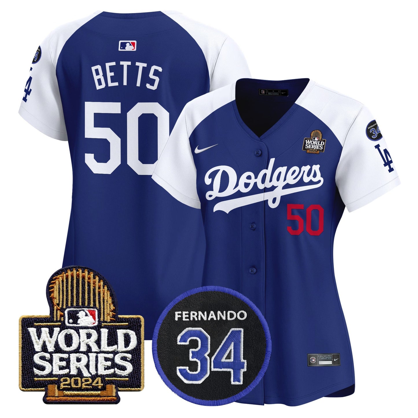 Women's Dodgers Fernando Memorial & 2024 World Series Patch Vapor Premier Limited Jersey V2 - All Stitched