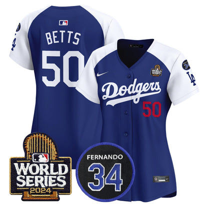 Women's Dodgers Fernando Memorial & 2024 World Series Patch Vapor Premier Limited Jersey V2 - All Stitched