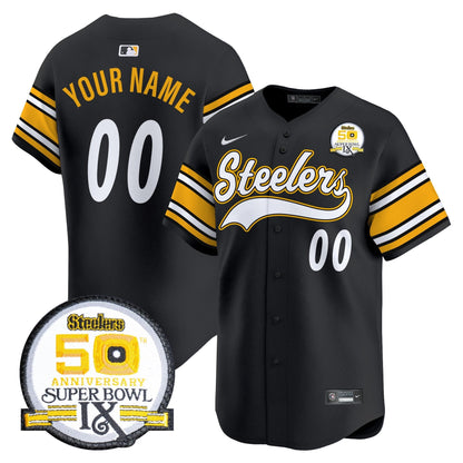 Steelers 50th Anniversary Of Super Bowl IX Patch Vapor Premier Baseball Custom Jersey - All Stitched