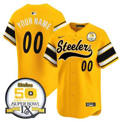 Steelers 50th Anniversary Of Super Bowl IX Patch Vapor Premier Baseball Custom Jersey - All Stitched