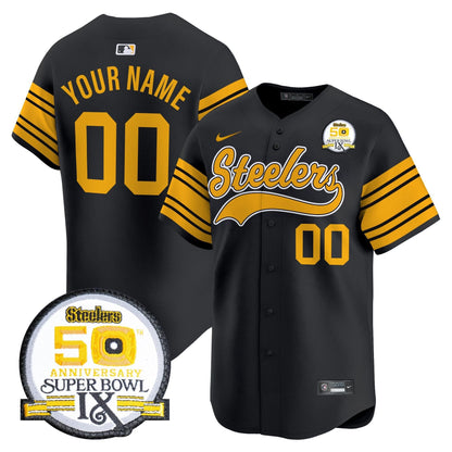 Steelers 50th Anniversary Of Super Bowl IX Patch Vapor Premier Baseball Custom Jersey - All Stitched