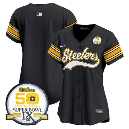 Women's Steelers 50th Anniversary Of Super Bowl IX Patch Vapor Premier Baseball Jersey - All Stitched