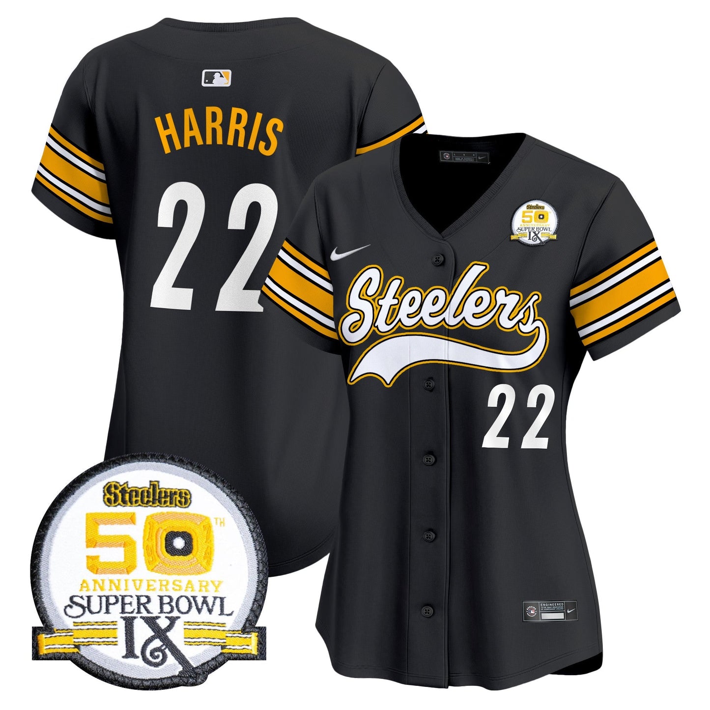 Women's Steelers 50th Anniversary Of Super Bowl IX Patch Vapor Premier Baseball Jersey - All Stitched