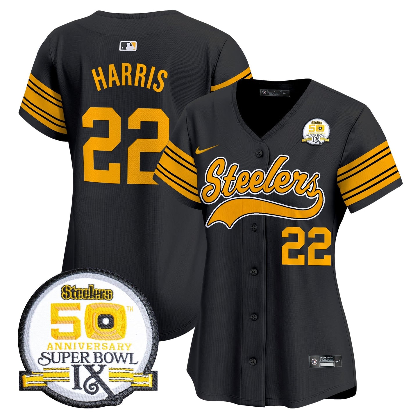 Women's Steelers 50th Anniversary Of Super Bowl IX Patch Vapor Premier Baseball Jersey - All Stitched