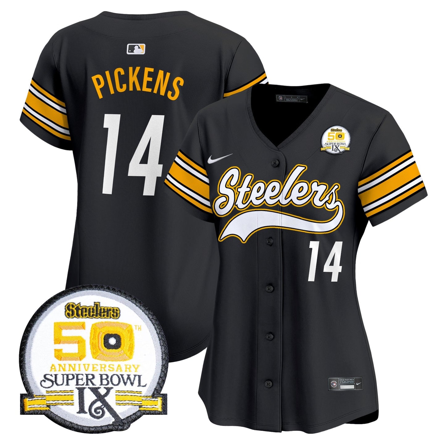 Women's Steelers 50th Anniversary Of Super Bowl IX Patch Vapor Premier Baseball Jersey - All Stitched