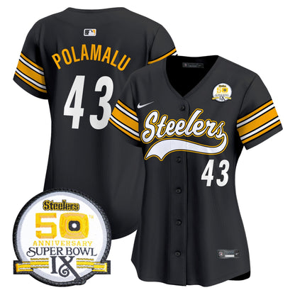 Women's Steelers 50th Anniversary Of Super Bowl IX Patch Vapor Premier Baseball Jersey - All Stitched