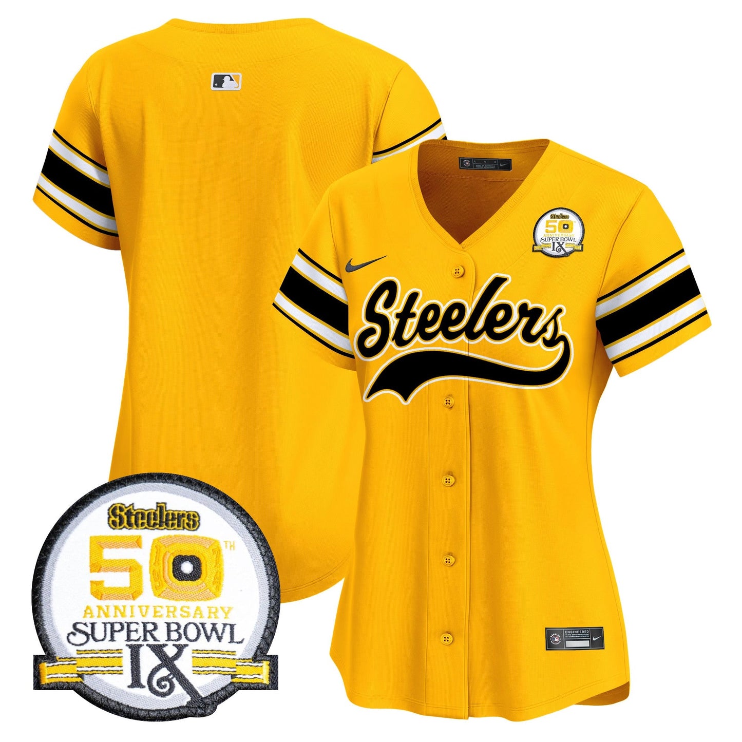 Women's Steelers 50th Anniversary Of Super Bowl IX Patch Vapor Premier Baseball Jersey - All Stitched