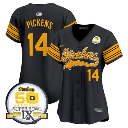 Women's Steelers 50th Anniversary Of Super Bowl IX Patch Vapor Premier Baseball Jersey - All Stitched