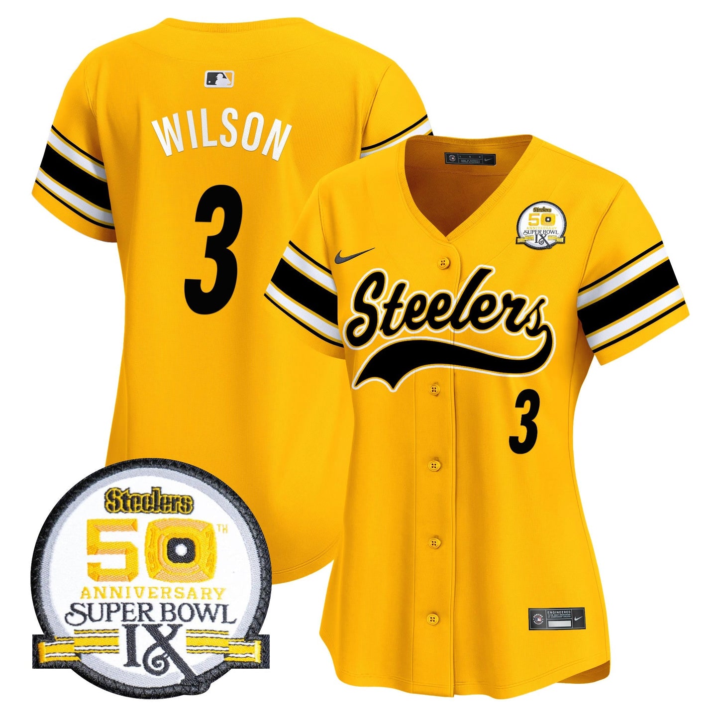 Women's Steelers 50th Anniversary Of Super Bowl IX Patch Vapor Premier Baseball Jersey - All Stitched