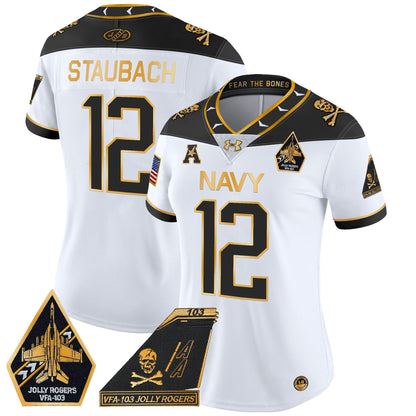 Women's Navy Midshipmen 2024 Jolly Rogers Patch Gold Vapor Limited Jersey - All Stitched