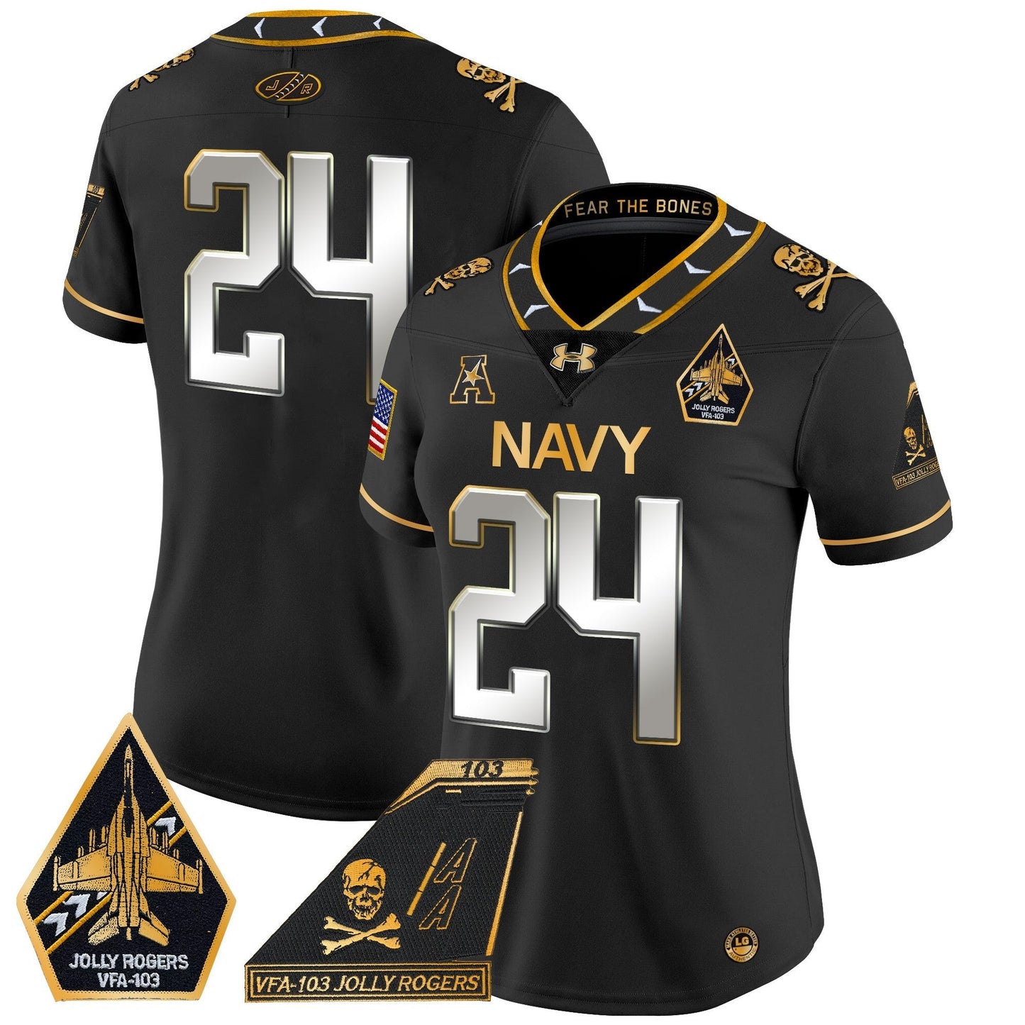 Women's Navy Midshipmen 2024 Jolly Rogers Patch Gold Vapor Limited Jersey - All Stitched
