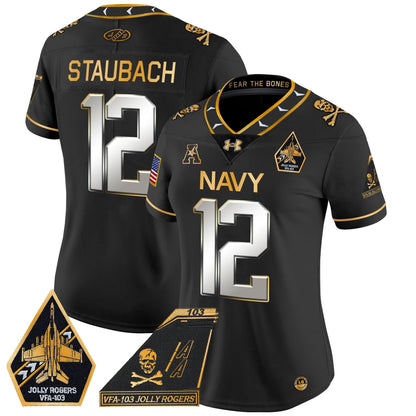 Women's Navy Midshipmen 2024 Jolly Rogers Patch Gold Vapor Limited Jersey - All Stitched
