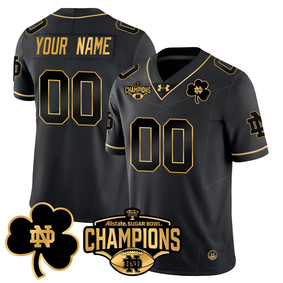 Custom ND 2025 Sugar Bowl Champions Gold Jersey - All Stitched
