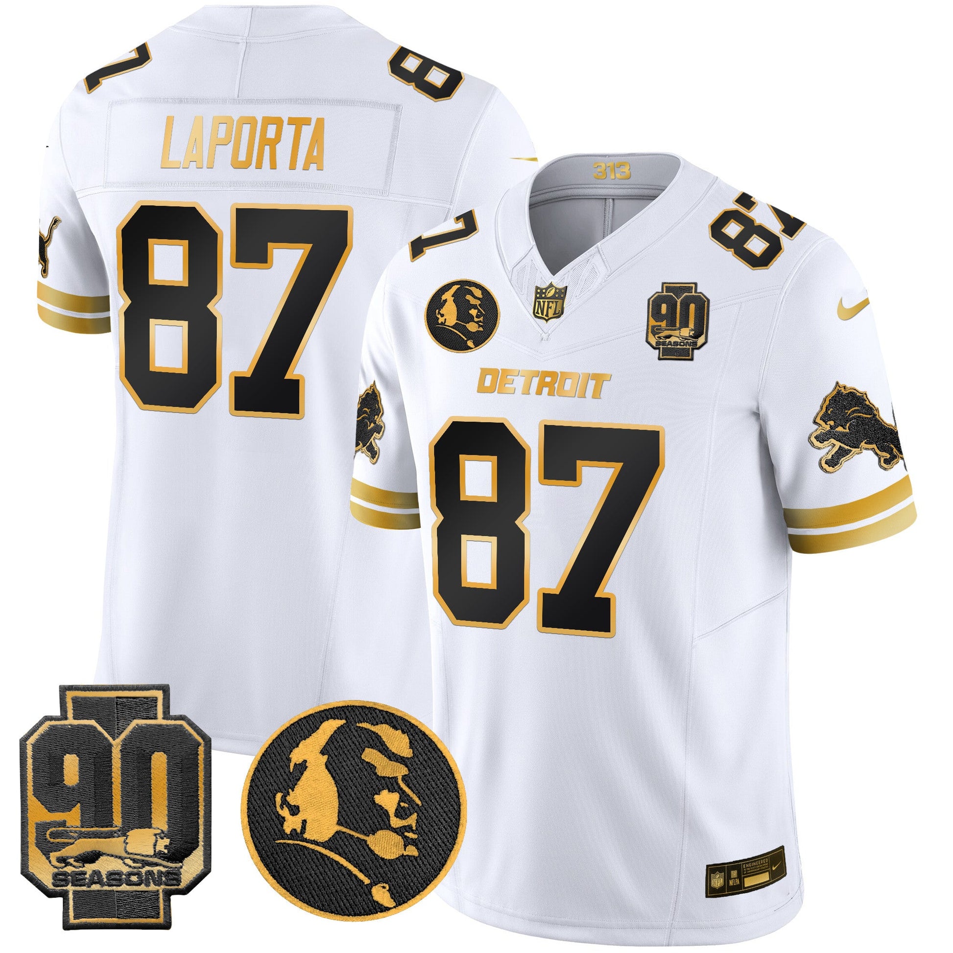Men's Detroit Lions 2024 90th & John Madden Patch Gold Vapor Limited Jersey V2 - All Stitched